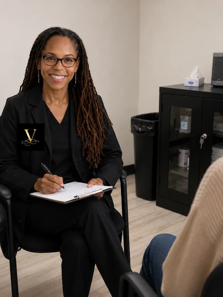 Dr. C. Allyson Walker sitting with a notepad in a black blazer, talking with a patient who is seen from behind in a cream sweater.