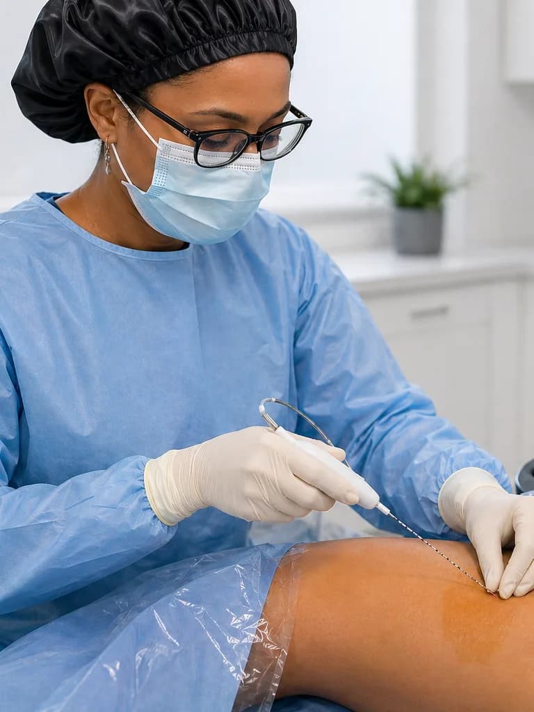 A clinician in a surgical cap, glasses, mask and blue gown, holding an ultrasound probe in one gloved hand and guiding a thin catheter into a draped leg at the thigh with the other.