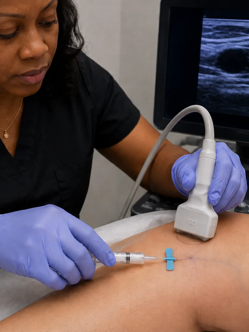 A clinician in dark scrubs and purple gloves injecting a leg vein with a syringe while holding an ultrasound probe against the skin, the scanned vessel visible on the monitor behind.