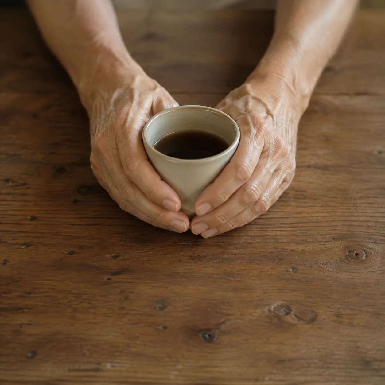 Two hands cupped around a small ceramic cup of dark coffee on a weathered wooden table, seen from above, with raised veins and tendons visible across the back of each hand and wrist