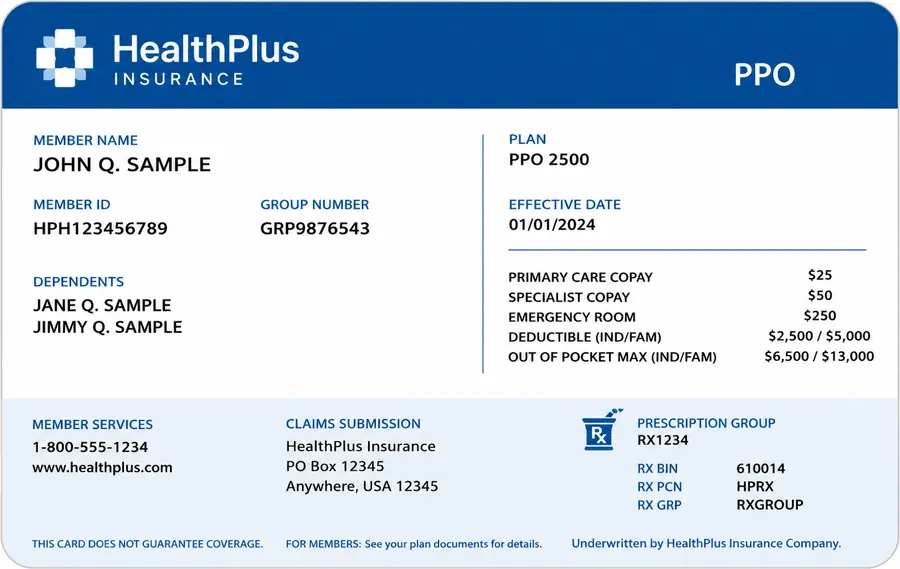 A sample health insurance card showing member ID, plan type, copay amounts and deductible.