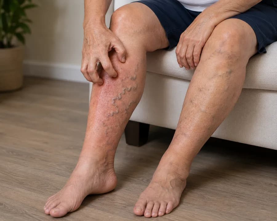 Una persona sentada en un sofá con los pies descalzos en el suelo, rascándose una pierna
