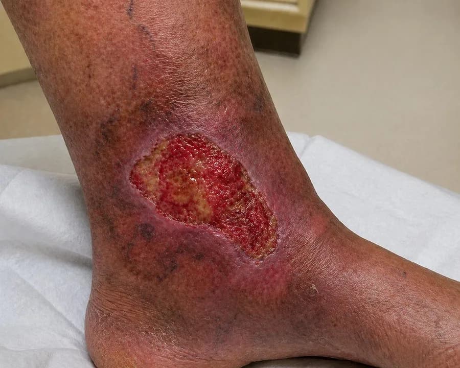 A clinical photograph of a lower leg with an open venous ulcer above the ankle